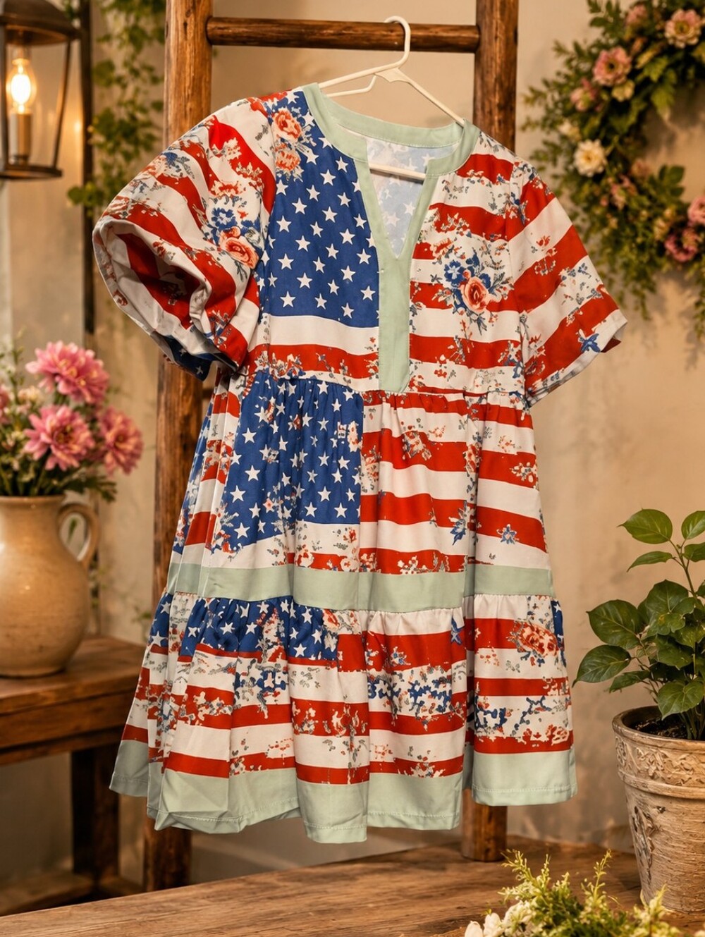 Floral Stars & Stripes Midi Dress in Red, White & Blue